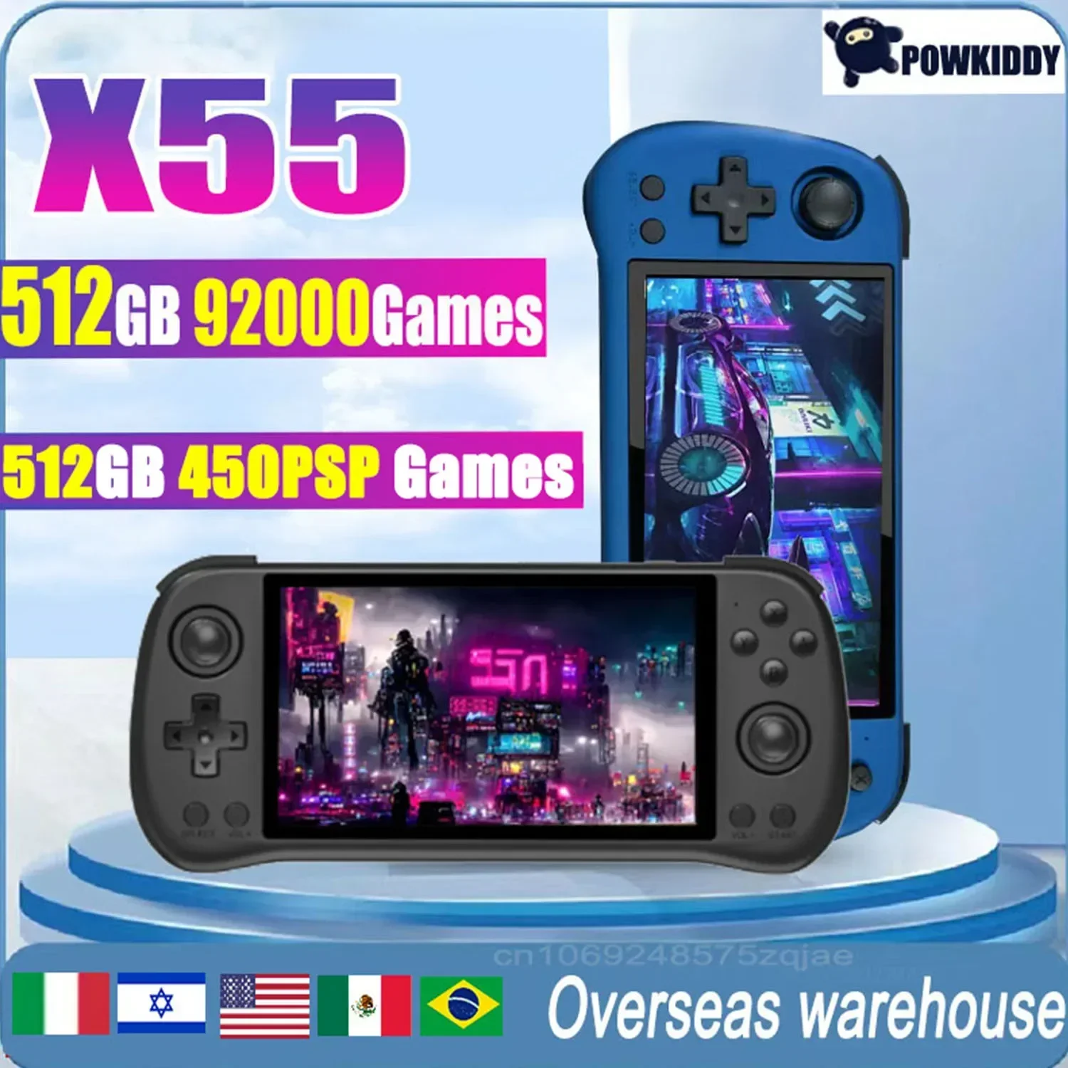 Gaming Console X55 - Powkiddy X55หน้าจอ5.5นิ้ว IPS เกมคอนโซลมือถือแบบย้อนยุคระบบลินุกซ์โอเพนซอร์ส RK3566วิดีโอเกม HD