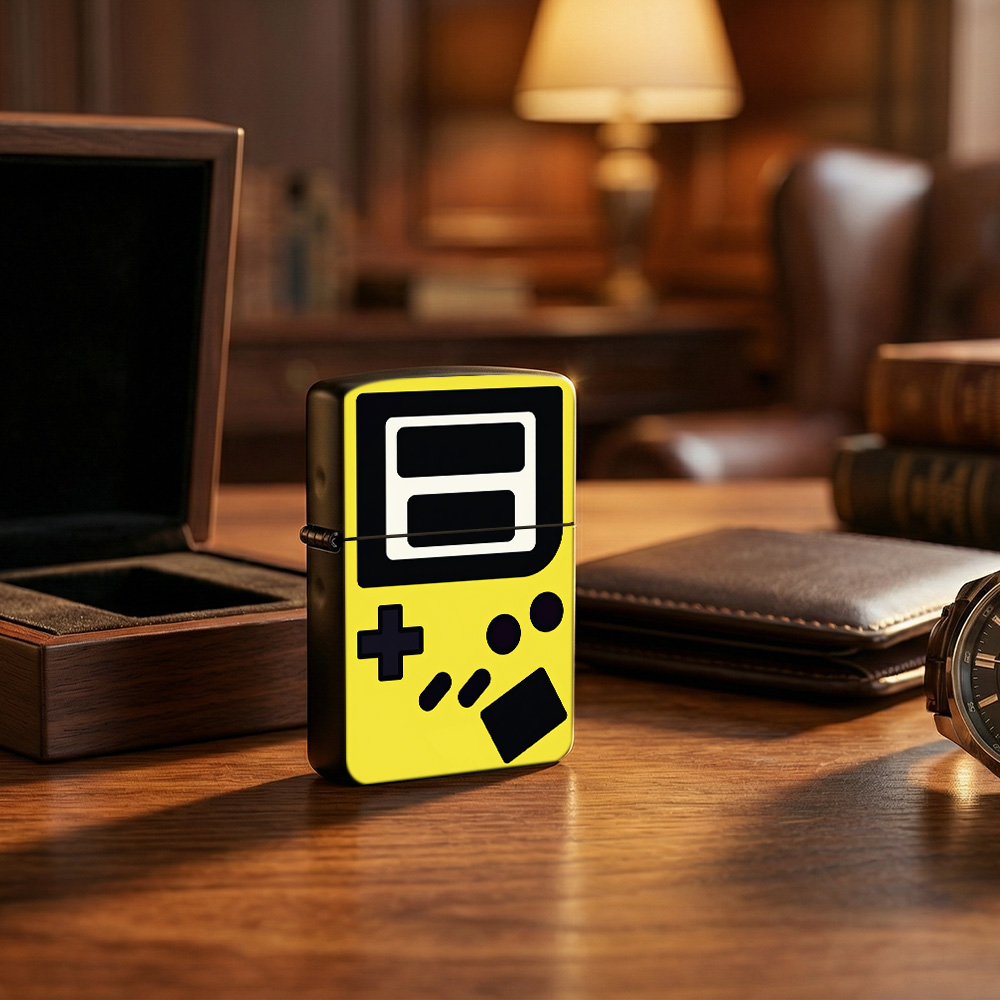 Retro.Gaming Console Yellow - ไฟแช็กแบบฝาพับสไตล์เรโทรลายเกมส์วินเทจสีเหลือง ไฟแช็กพิมพ์ลายศิลปะมินิมอลสำหรับนักสูบ