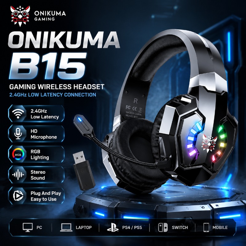 Gaming Console In Amazon - หูฟังเกมมิ่งไร้สาย ONIKUMA B15 2.4GHz RGB พร้อมไมโครโฟน